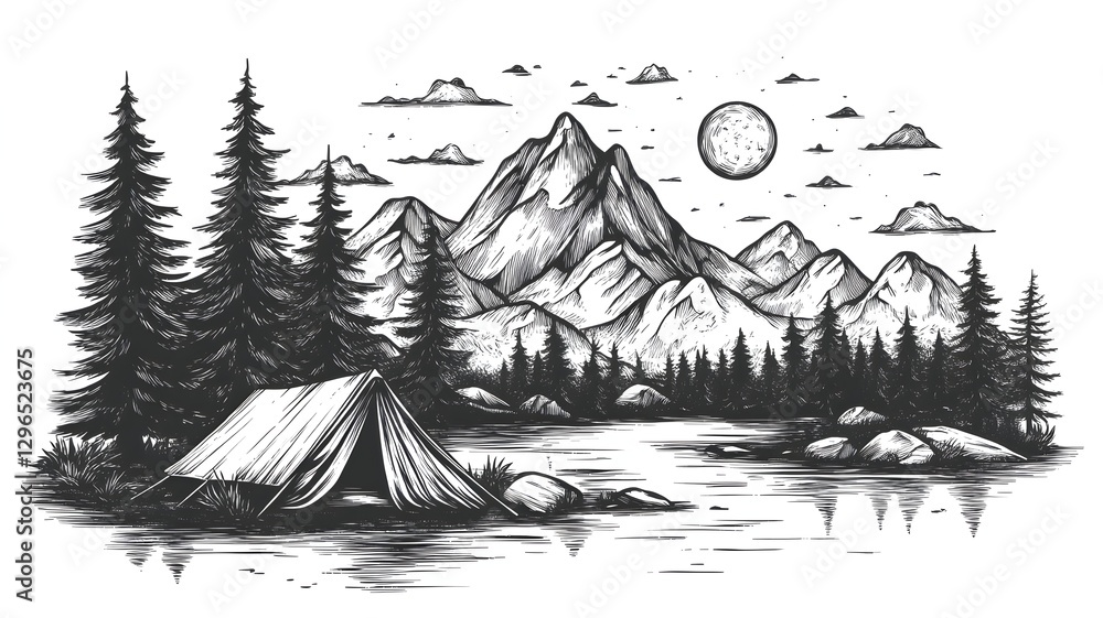 Scenic mountain landscape featuring a cozy tent surrounded by tall trees and nature Scenic mountain landscape featuring a cozy tent surrounded by tall trees and nature