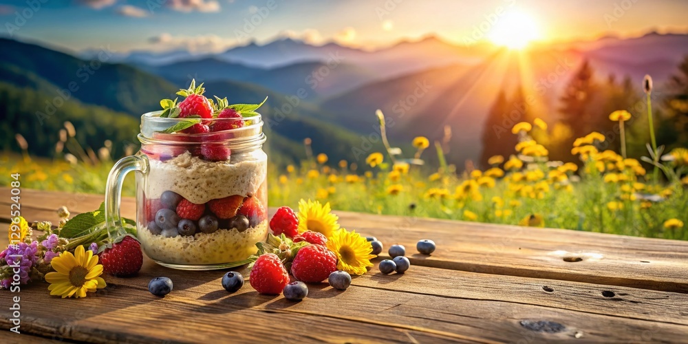 Fototapeta premium Healthy Overnight Oats with Berries: Delicious & Easy Breakfast in a Jar