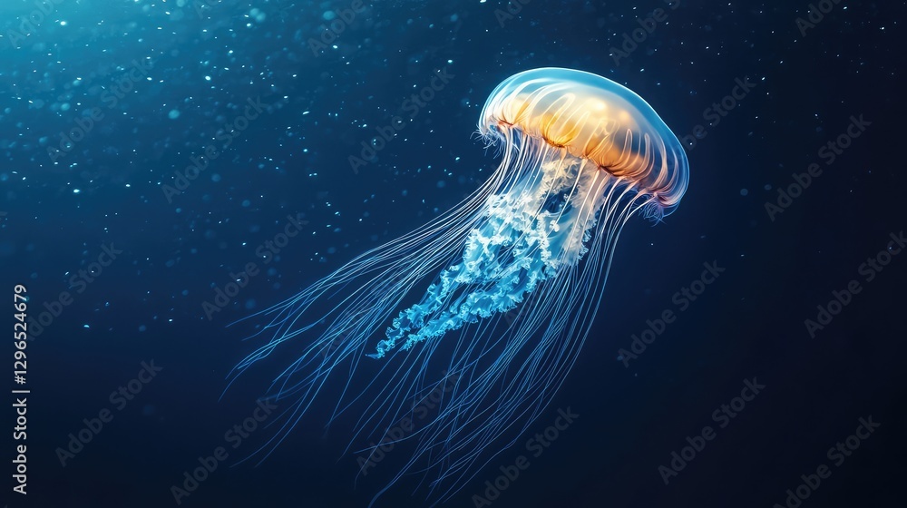 Fototapeta premium A single luminous jellyfish drifting alone in an abstract, deep blue ocean, soft lighting and floating particles.