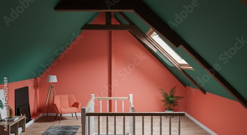 A stylish attic space features coral walls and a contrasting green ceiling. Wooden beams and a white railing add architectural detail. A comfy orange chair and potted plant complete the scene.