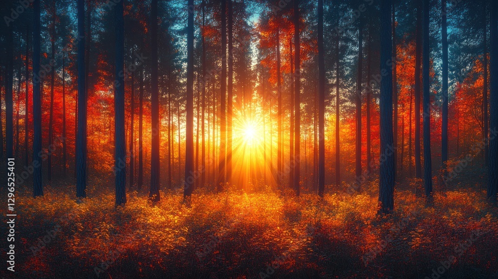 Obraz premium Vibrant sunset illuminating autumn forest.