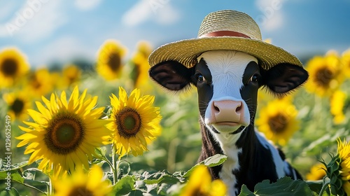 stuffed cow wearing a straw boater hat in a sunflower field