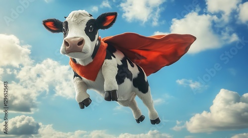 Stuffed cow wearing a superhero cape flying through the sky