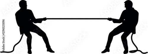Silhouette illustration of two men in suits pulling a rope