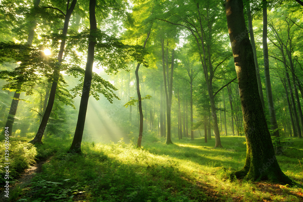 Fototapeta premium Lush Green Forest with Sunlight Streaming Through the Canopy