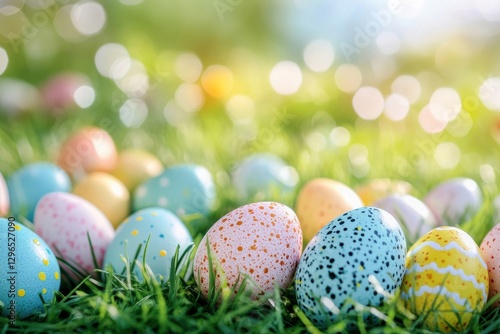 Easter festivities showcasing colorful eggs on a bright spring landscape. Engaging egg hunt visuals for cheerful family events and seasonal promotions