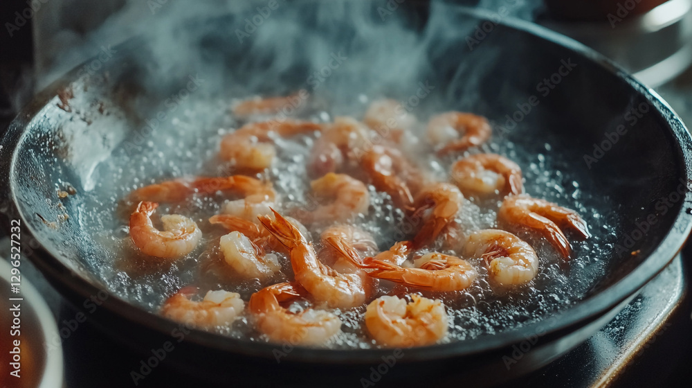 Delicious shrimp cooking in a hot pan steaming food preparation eat meal lunch tasty fresh dinner Delicious shrimp cooking in a hot pan steaming food preparation eat meal lunch tasty fresh dinner