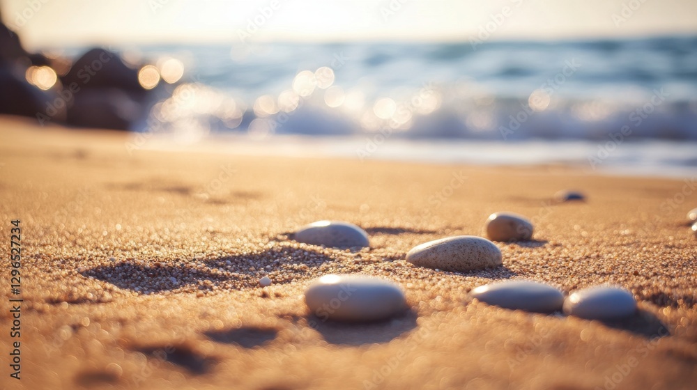 Serene Beach Scene with Smooth Stones and Gentle Ocean Waves Serene Beach Scene with Smooth Stones and Gentle Ocean Waves