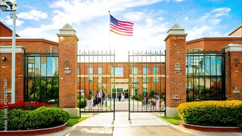 A brick building with a large American flag on top. The building is surrounded by a green area with bushes and trees