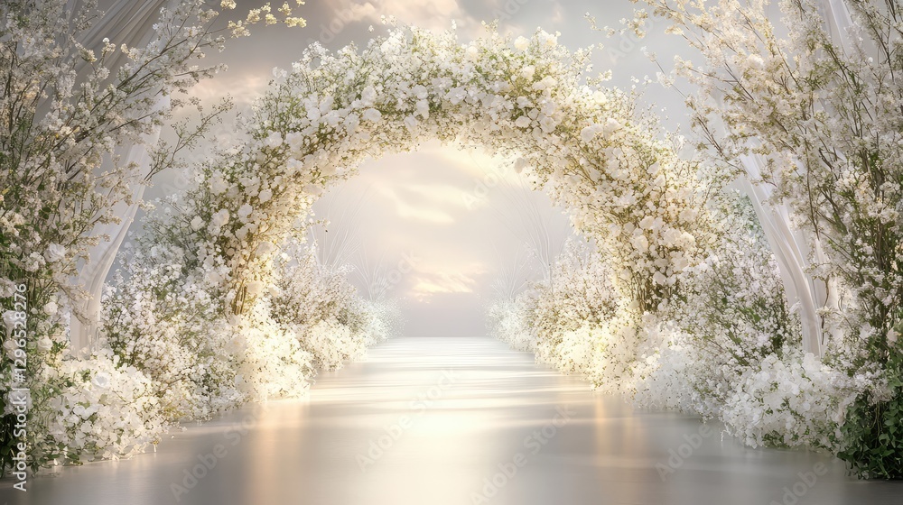 A wedding venue with a white flower-covered archway, delicate ribbons, and a soft, cloudy sky in the background with plenty of copy space.