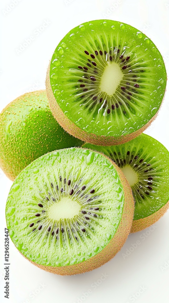 Fototapeta premium Fresh Kiwi Slices on White Background – Juicy Kiwi with Vibrant Green Color – Isolated Kiwi for High-Quality Fruit Photography.
