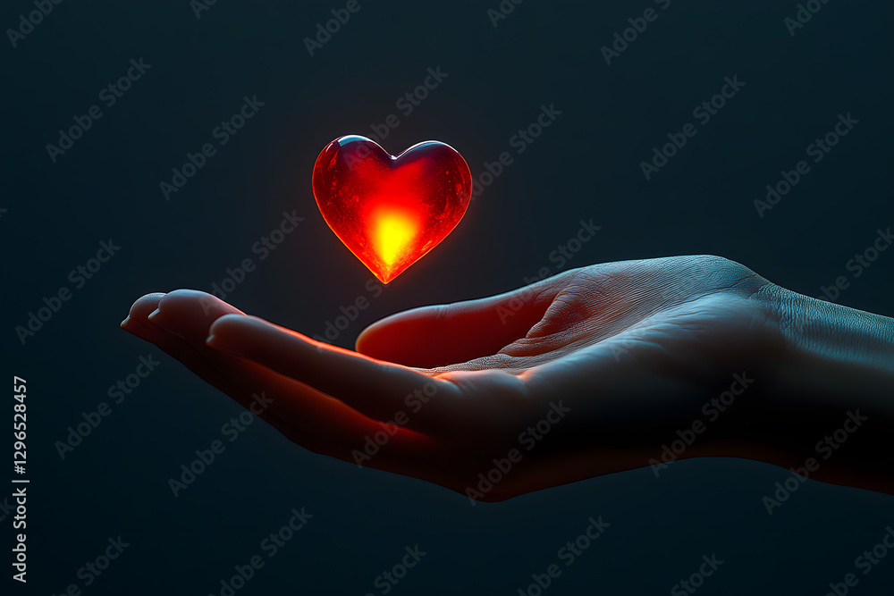 A hand holds a bright red heart, glowing softly in the darkness, symbolizing love and warmth A hand holds a bright red heart, glowing softly in the darkness, symbolizing love and warmth