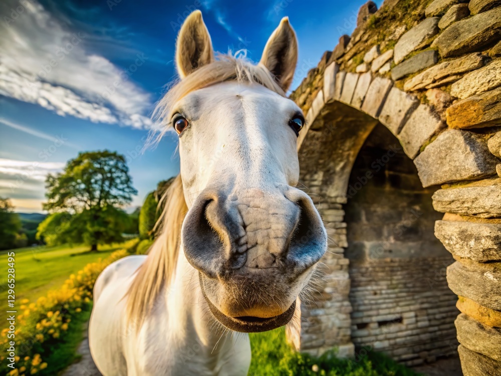 Fototapeta premium Hilarious Close-Up Selfie: White Horse's Funny Nose in Wild Nature