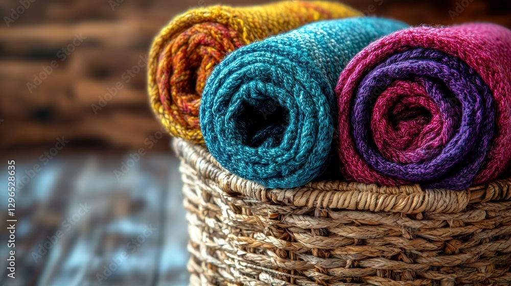 Obraz premium Rolled colorful textiles in a wicker basket; rustic wooden background
