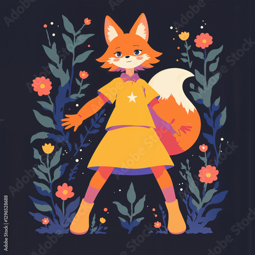 Elegant fox lady in a dress with floral background – charming digital illustration