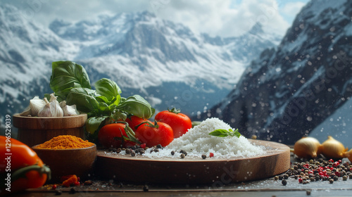 Fototapeta Naklejka Na Ścianę i Meble -  Fresh tomatoes basil garlic spices mountain view cooking ingredients food salt snow green herbs image