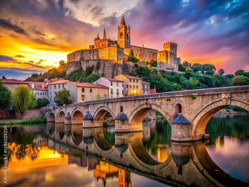 Fototapeta premium Historic Beziers: Panoramic View of Pont Vieux Bridge and St. Nazaire Cathedral at Sunset