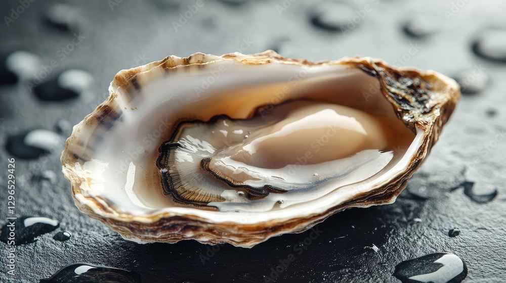 Close-up shot of an oyster shell with water droplets, creating a natural and fresh seafood presentation. Close-up shot of an oyster shell with water droplets, creating a natural and fresh seafood presentation.