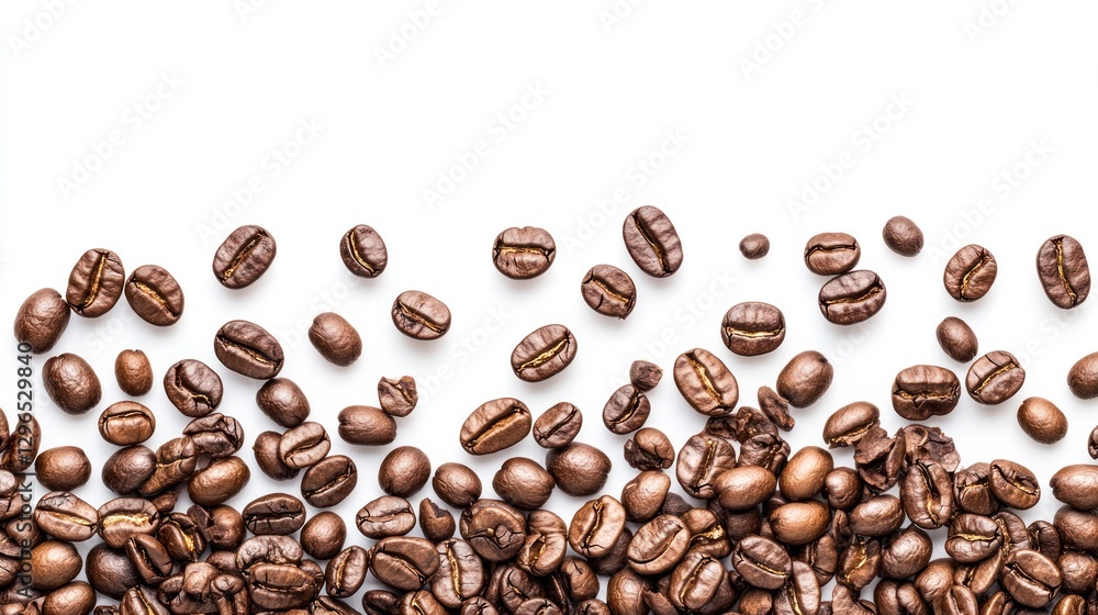Obraz premium Roasted Coffee Beans on White Background for Coffee Shop Promotions