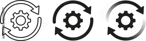 Collection of synchronization process vector icons in line art, outline and silhouette styles. Gear symbol with two arrows or wheel symbol repeat, update, exchange and others. Vector illustration