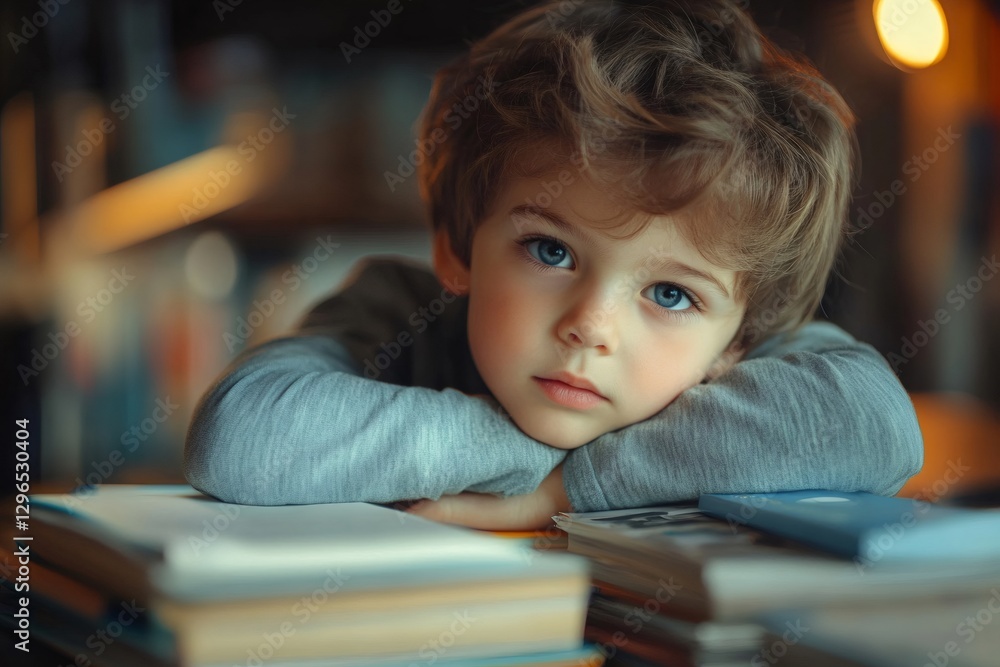 Portrait of pensive child resting on books in library, learning and childhood curiosity Portrait of pensive child resting on books in library, learning and childhood curiosity