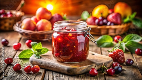 Homemade Strawberry Jam in Jar - Tilt-Shift Miniature Photography photo