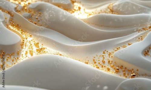 Abstract artistic background of soft flowing white textures and golden gradients, illuminated by warm light for an elegant and modern feel,