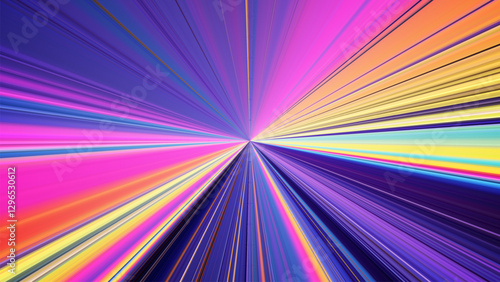 Futuristic high-tech light burst with radial explosion of vibrant neon colorful lines stretching to infinity. Dynamic fusion of neon speed lines create sense of depth and movement. Vector illustration