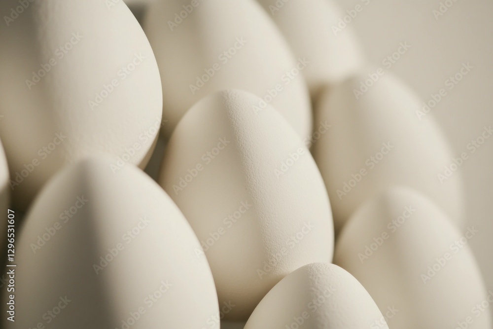 Close up of white eggs arranged in a visually appealing manner, showcasing their smooth surfaces and subtle textures, perfect for food related concepts and seasonal cooking Close up of white eggs arranged in a visually appealing manner, showcasing their smooth surfaces and subtle textures, perfect for food related concepts and seasonal cooking
