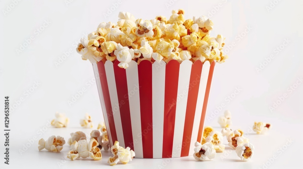 Closeup striped bucket with many tasty popcorn snack on white background. AI generated image Closeup striped bucket with many tasty popcorn snack on white background. AI generated image