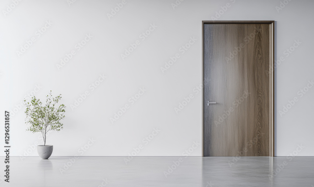 Obraz premium Modern interior featuring a wooden door and a potted plant in a minimalist setting