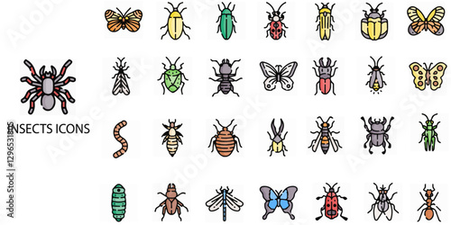 Insects simple concept 28 colour icons set. Contains such grasshopper, damselfly, locust .Vector illustration.