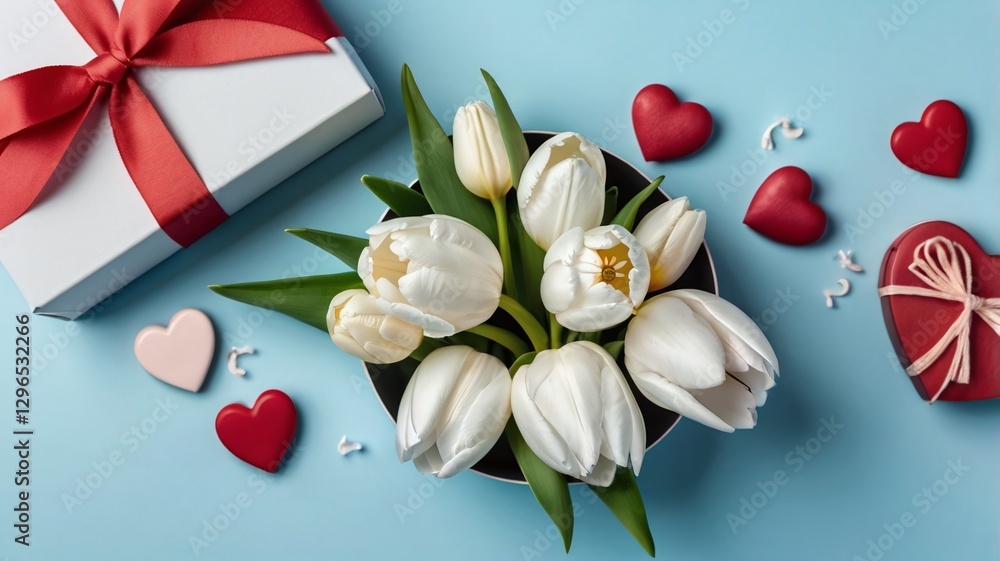 White tulips, hearts and gift box on light blue background. Valentines day banner template, Mothers day card, mockup. Flat lay, top view, copy space. Valentine's day composition White tulips, hearts and gift box on light blue background. Valentines day banner template, Mothers day card, mockup. Flat lay, top view, copy space. Valentine's day composition