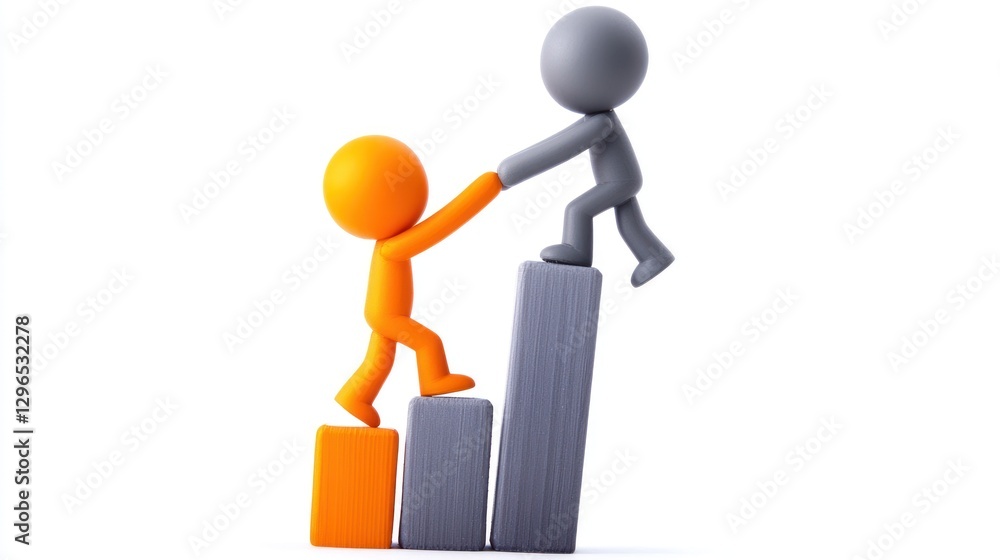 Stick figure helping another climb steps. Isolated. Concept of teamwork, partnership, support Stick figure helping another climb steps. Isolated. Concept of teamwork, partnership, support