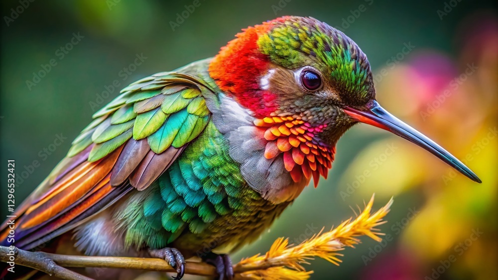 Fototapeta premium Hummingbird Preening: Detailed Close-up of a Tiny Bird Cleaning its Feathers