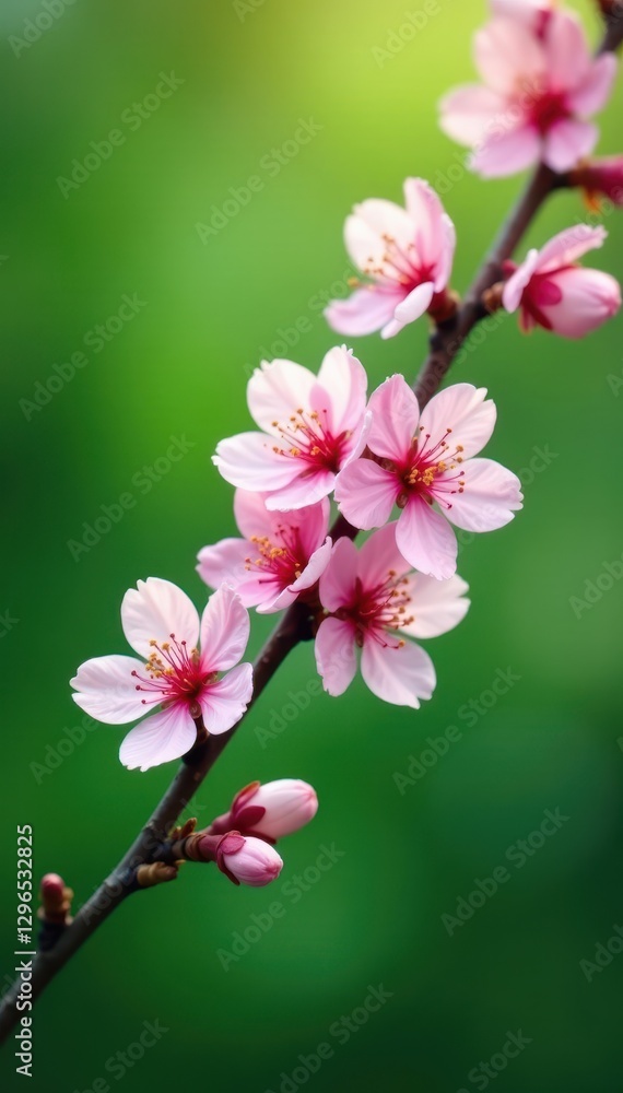 Obraz premium Pink cherry blossoms on a slender branch, vivid green backdrop , vibrant, petals