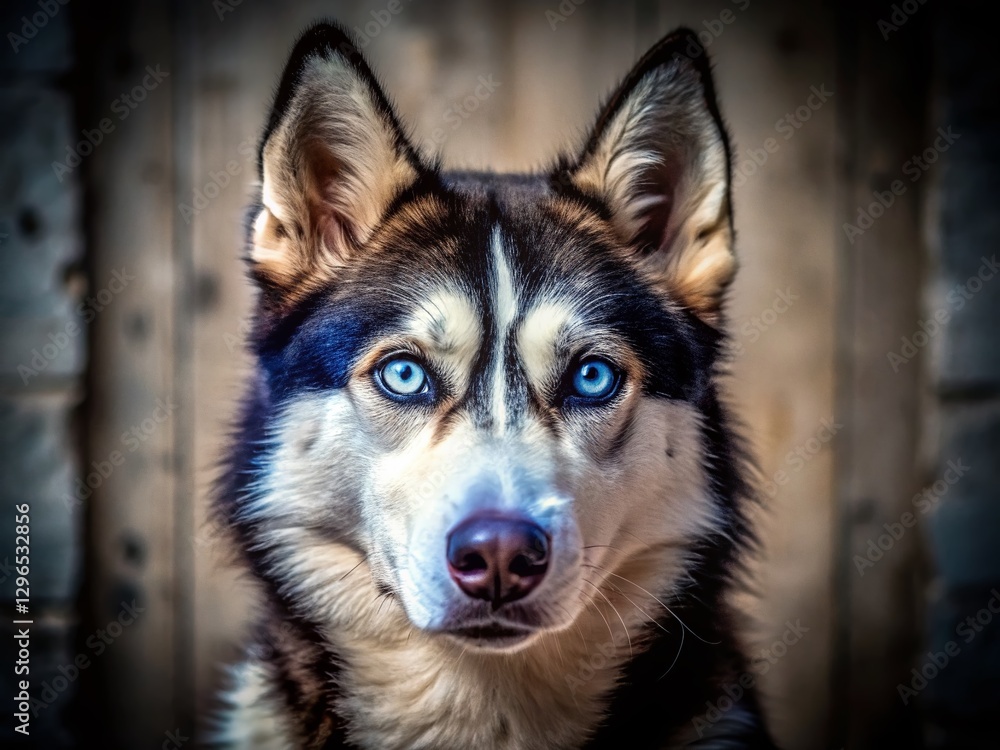 Fototapeta premium Husky Dog Portrait: Striking Heterochromia, Black and White Fur