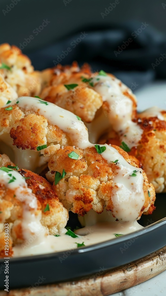 Baked cauliflower florets drizzled with creamy sauce garnished with herbs on a dark plate Baked cauliflower florets drizzled with creamy sauce garnished with herbs on a dark plate