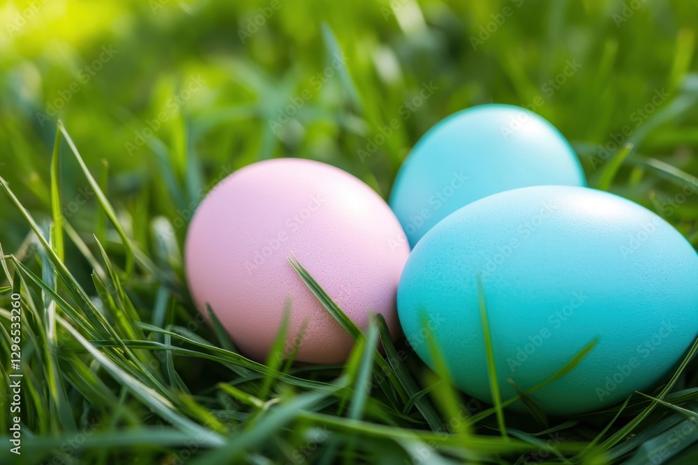 Pastel easter eggs nestled in vibrant green grass - cheerful spring holiday decor for festive invitations or seasonal celebrations Pastel easter eggs nestled in vibrant green grass - cheerful spring holiday decor for festive invitations or seasonal celebrations