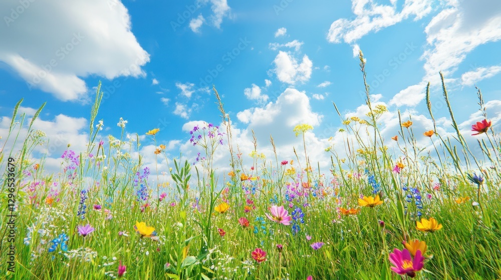 Vibrant Wildflower Meadow Under a Bright Blue Sky with White Clouds Vibrant Wildflower Meadow Under a Bright Blue Sky with White Clouds