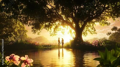 Serene garden of eden lush greenery, vibrant flowers, and adam and eve beneath a majestic tree