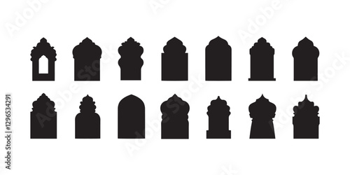 Traditional islamic window shapes in oriental style. Set of black silhouette eid mubarak decorative arches, mosque borders or moroccan gates. Arabic muslim architecture design elements, ramadan frames