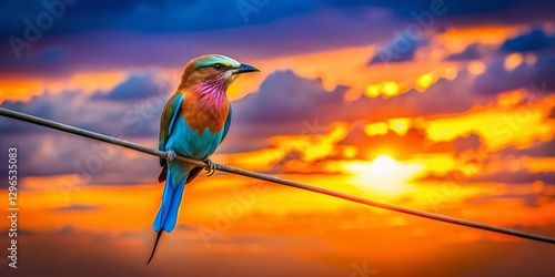 Indochinese Roller Bird Silhouette on Electric Wire, Bangladesh