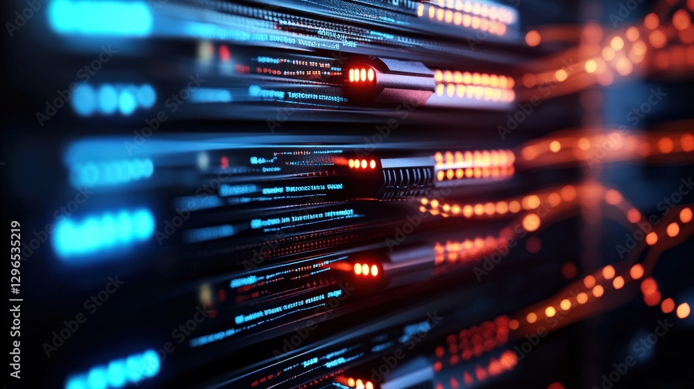 Close up of a server rack filled with multiple servers and networking equipment in a data center Close up of a server rack filled with multiple servers and networking equipment in a data center