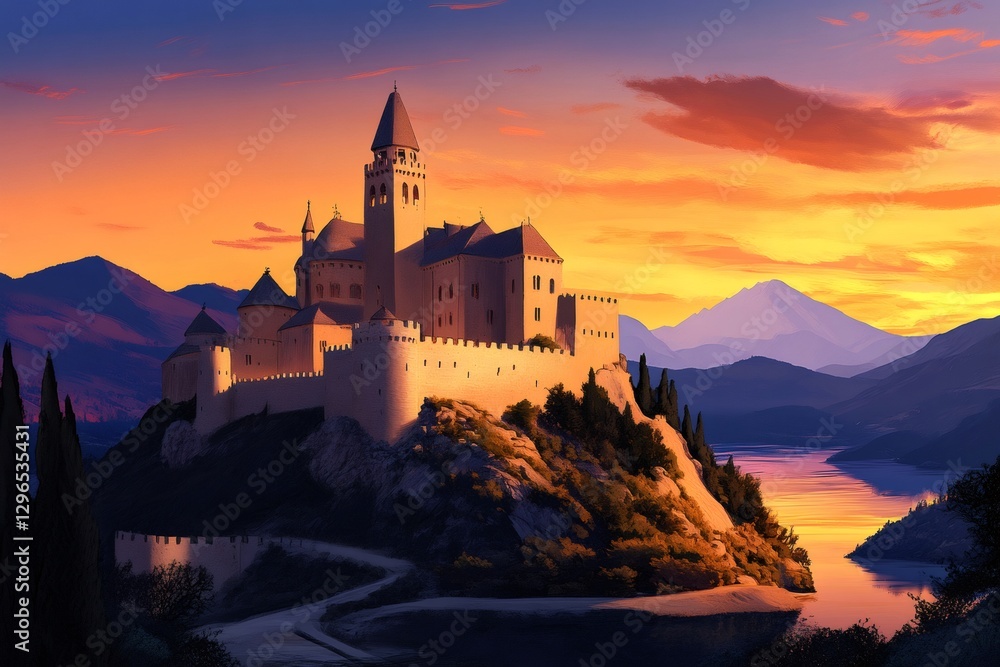 Medieval castle overlooking picturesque valley at sunset Medieval castle overlooking picturesque valley at sunset