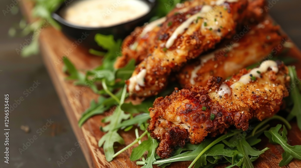 Delicious fried chicken with white sauce and vegetable on wooden board. AI generated image