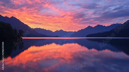 Wallpaper Mural Fiery Sunset over Mountain Lake: A breathtaking landscape photograph captures the vibrant hues of a sunset reflected in a tranquil mountain lake. Torontodigital.ca