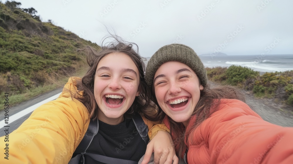 A best friend duo taking selfies and laughing on a road trip, A best friend duo taking selfies and laughing on a road trip,