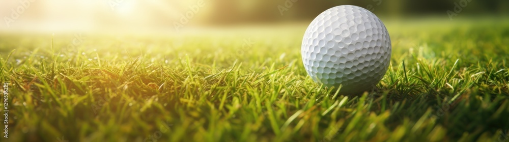 Closeup a white golf ball on green golf course with sunlight. AI generated image Closeup a white golf ball on green golf course with sunlight. AI generated image