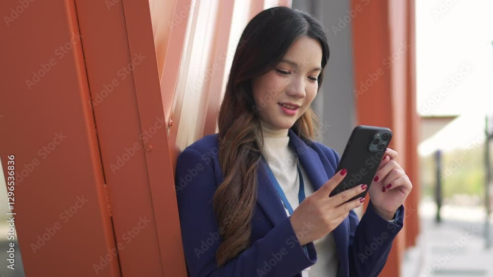 Confident young businesswoman standing outside, smiling while using her smartphone, staying connected and managing work on the go. Confident young businesswoman standing outside, smiling while using her smartphone, staying connected and managing work on the go.